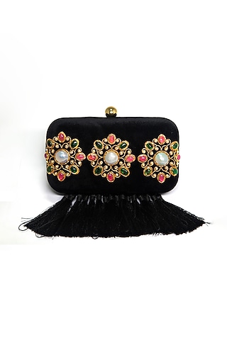 Black Velvet Tasseled Clutch by DZIOR PERL
