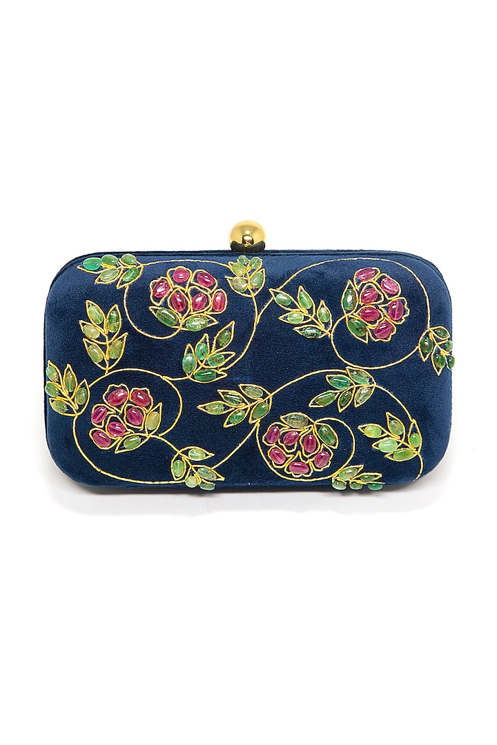 Navy Blue Ruby Embroidered Clutch by DZIOR PERL