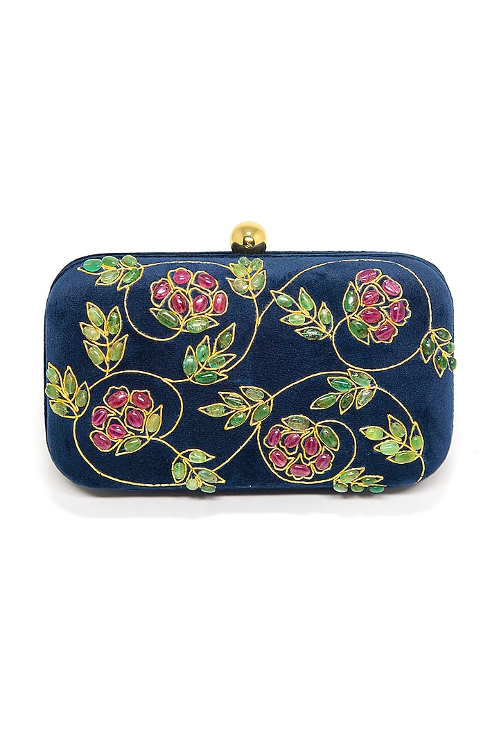 Navy Blue Ruby Embroidered Clutch by DZIOR PERL at Pernia's Pop Up Shop