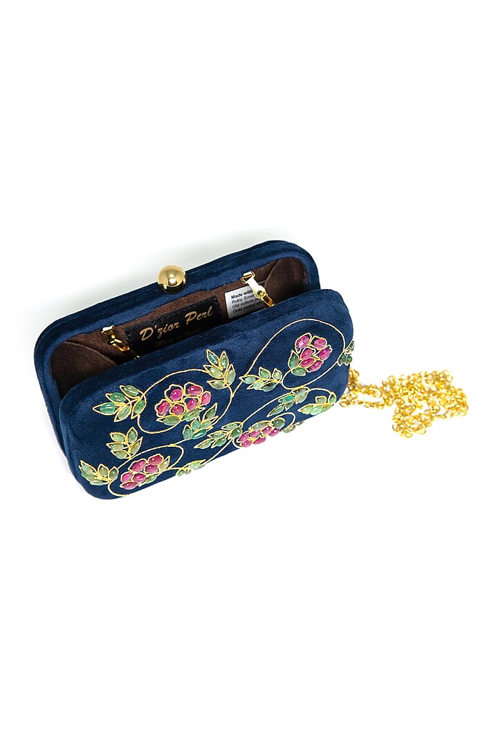 Navy Blue Ruby Embroidered Clutch by DZIOR PERL at Pernia's Pop Up Shop