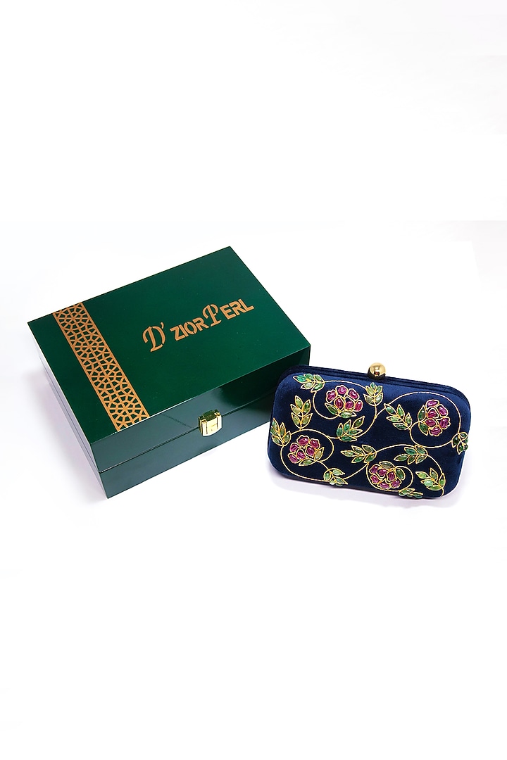Navy Blue Ruby Embroidered Clutch by DZIOR PERL at Pernia's Pop Up Shop