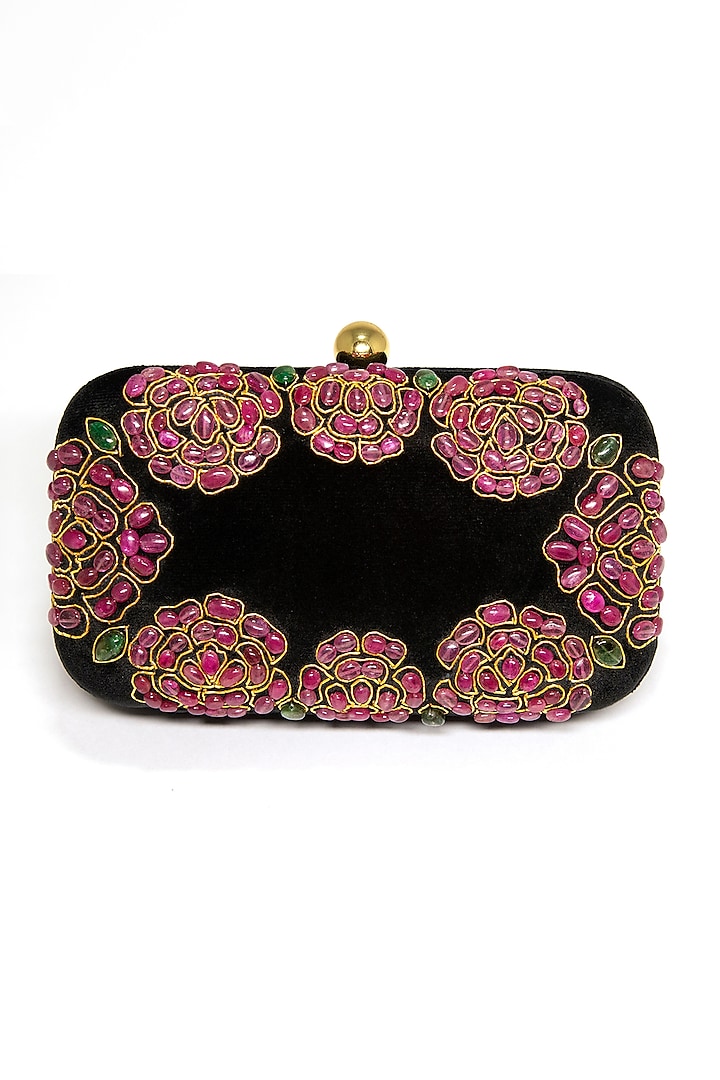 Black Emerald Embroidered Clutch by DZIOR PERL