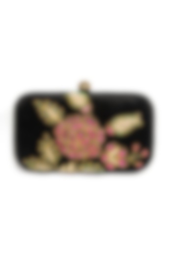 Black Zari Embroidered Clutch by DZIOR PERL