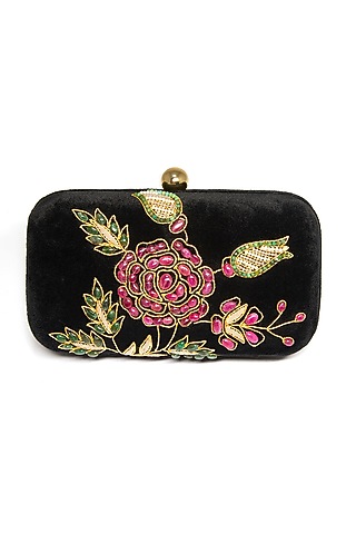 Black Zari Embroidered Clutch by DZIOR PERL