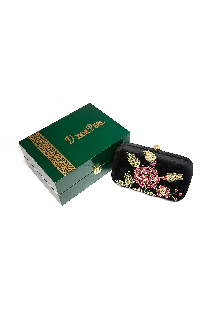 Black Zari Embroidered Clutch by DZIOR PERL at Pernia's Pop Up Shop