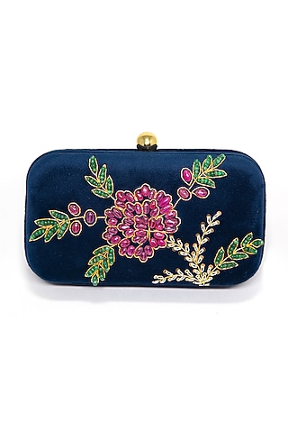 Navy Blue Zari Embroidered Clutch by DZIOR PERL