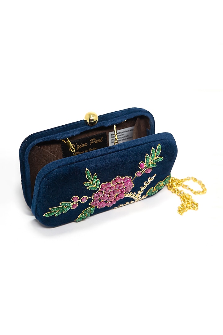 Navy Blue Zari Embroidered Clutch by DZIOR PERL at Pernia's Pop Up Shop