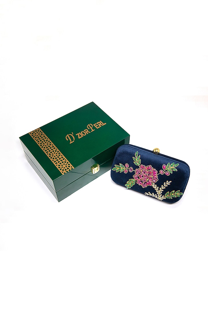Navy Blue Zari Embroidered Clutch by DZIOR PERL at Pernia's Pop Up Shop