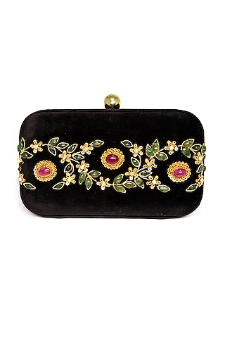 Black Velvet Zari Embroidered Clutch by DZIOR PERL