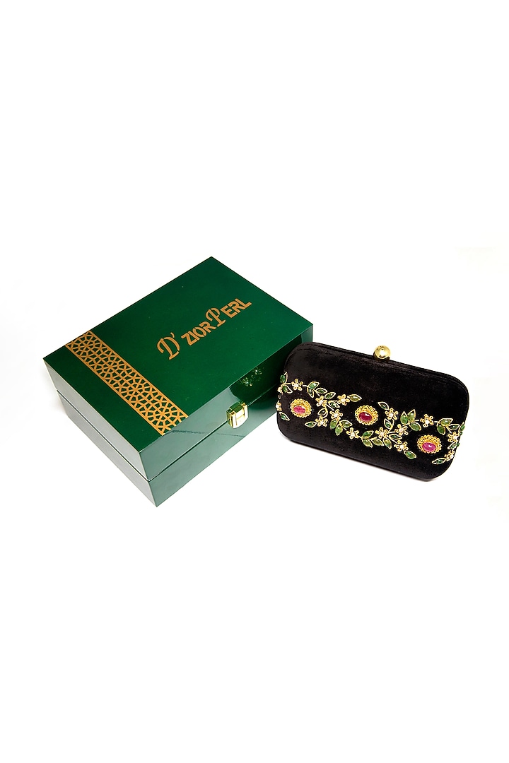 Black Velvet Zari Embroidered Clutch by DZIOR PERL at Pernia's Pop Up Shop