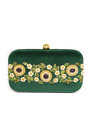 Emerald Green Velvet Zari Embroidered Clutch by DZIOR PERL