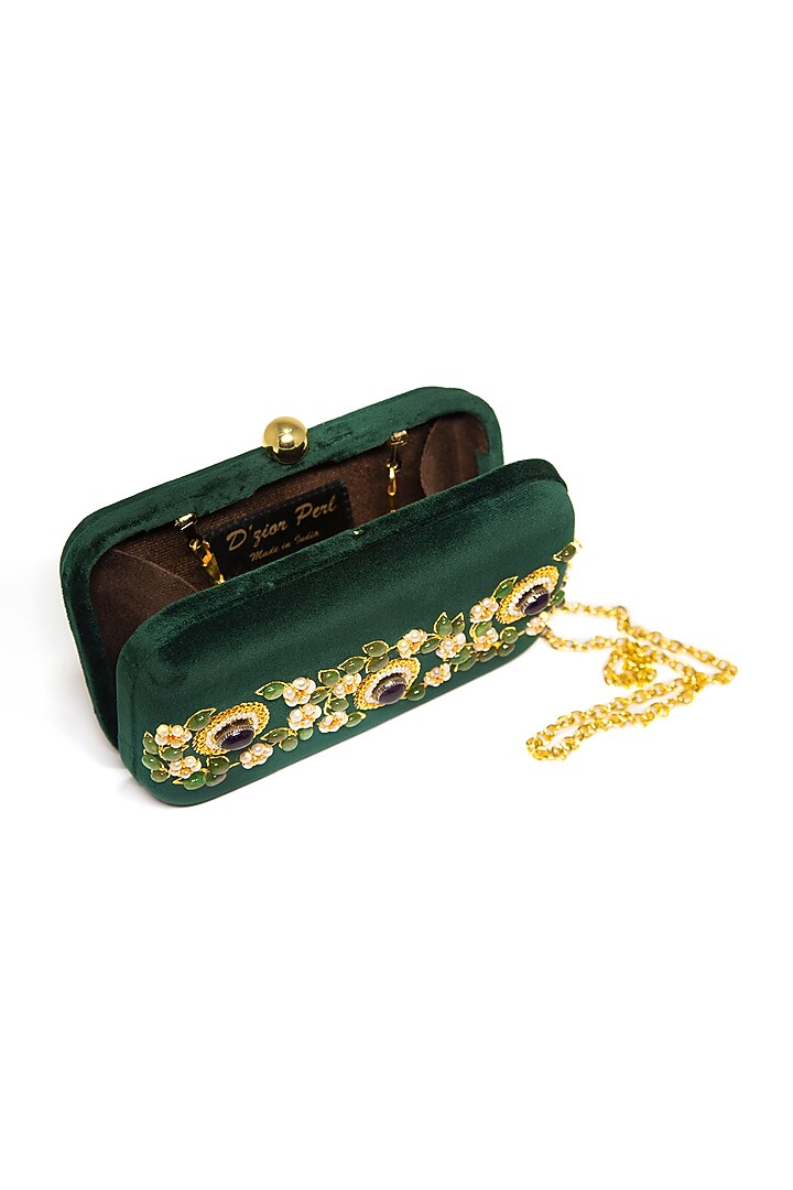 Emerald Green Velvet Zari Embroidered Clutch by DZIOR PERL at Pernia's Pop Up Shop