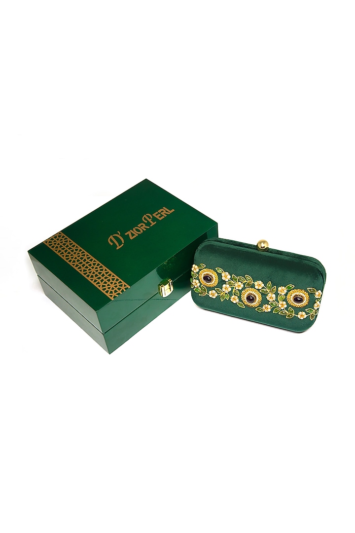Emerald Green Velvet Zari Embroidered Clutch by DZIOR PERL at Pernia's Pop Up Shop