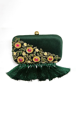 Emerald Green Velvet Tasseled Clutch by DZIOR PERL