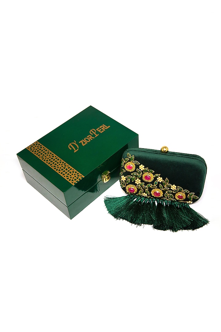 Emerald Green Velvet Tasseled Clutch by DZIOR PERL at Pernia's Pop Up Shop