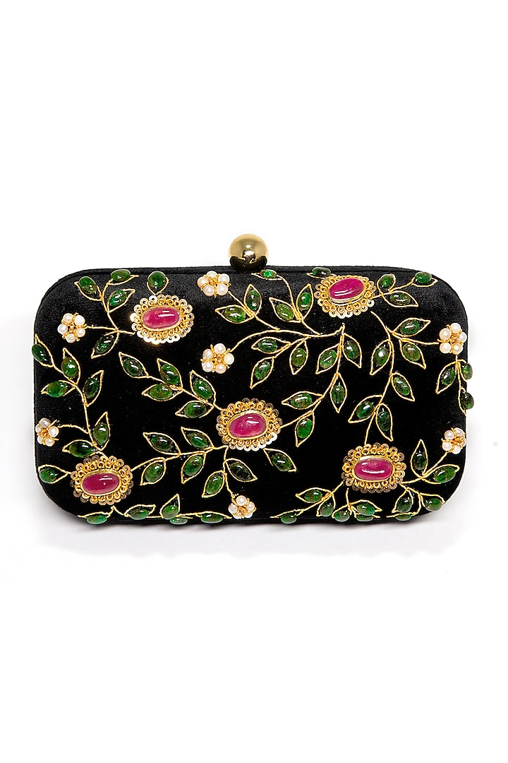 Black Ruby & Emerald Embroidered Clutch by DZIOR PERL