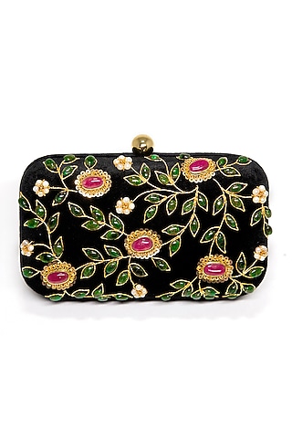 Black Ruby & Emerald Embroidered Clutch by DZIOR PERL