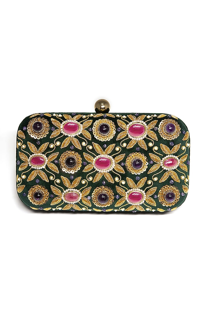 Emerald Green Ruby & Pearl Embroidered Clutch by DZIOR PERL
