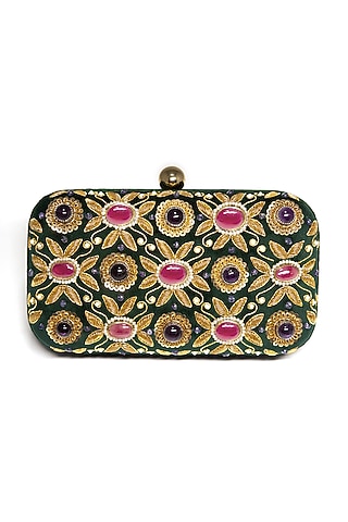 Emerald Green Ruby & Pearl Embroidered Clutch by DZIOR PERL