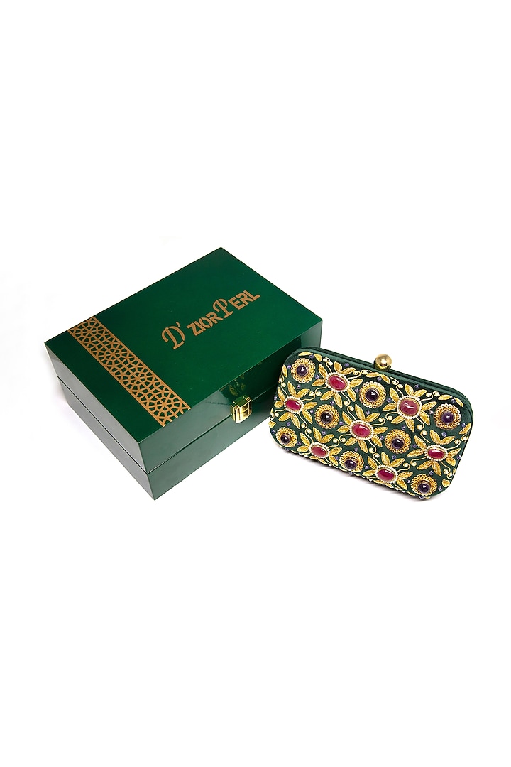 Emerald Green Ruby & Pearl Embroidered Clutch by DZIOR PERL at Pernia's Pop Up Shop