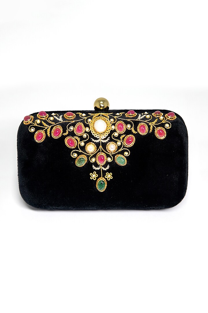 Black Velvet Pearl Embroidered Clutch by DZIOR PERL