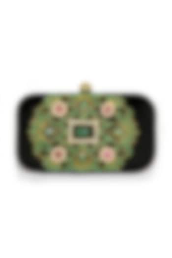 Black Emerald & Pearl Embroidered Clutch by DZIOR PERL