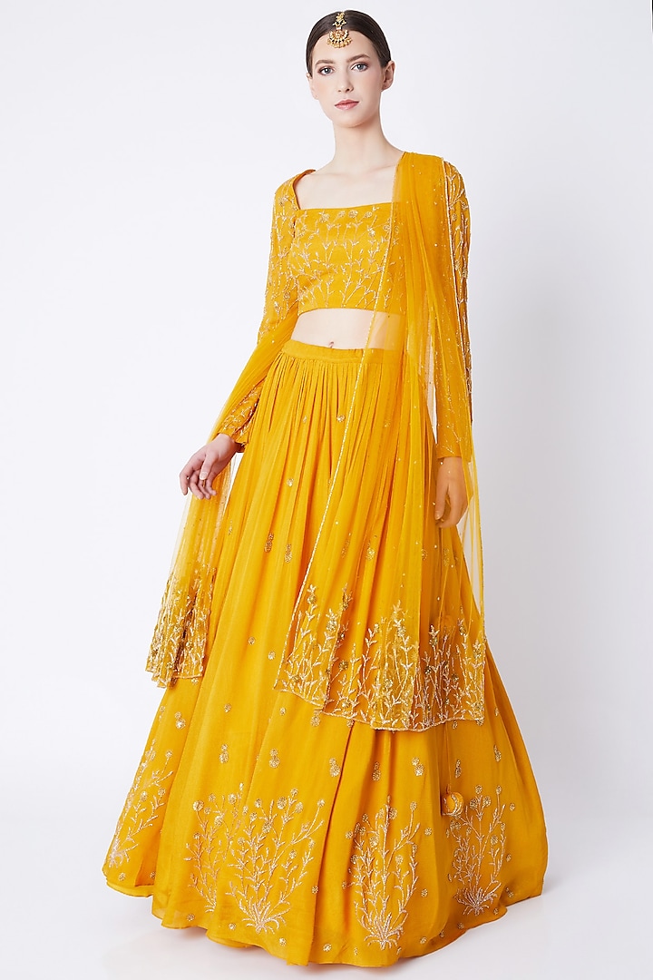 Mustard Embroidered Lehenga Set by Ease