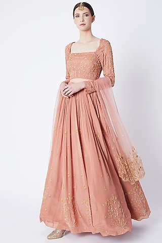 Mauve Pink Embroidered Lehenga Set by Ease