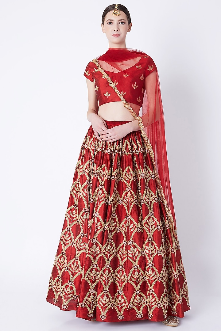 Red Heavy Embroidered Lehenga Set by Ease