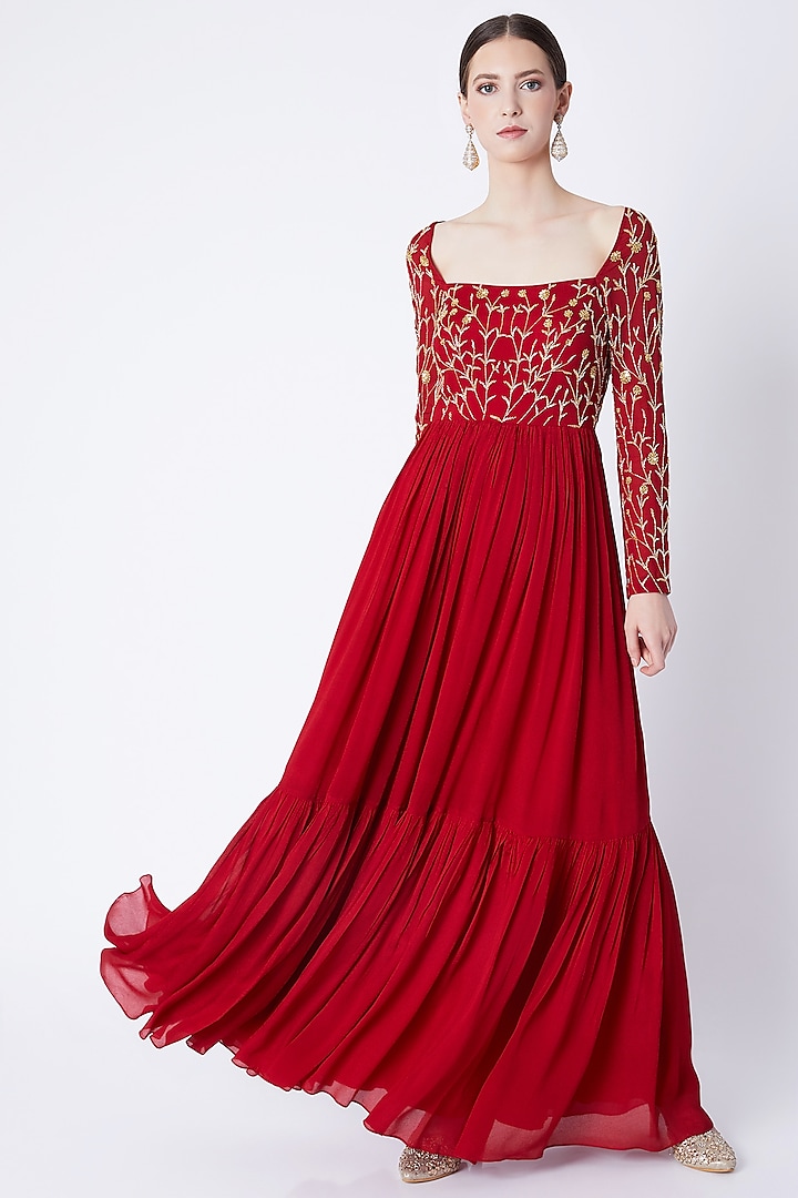 Red Jaal Embroidered Anarkali With Dupatta by Ease at Pernia's Pop Up Shop