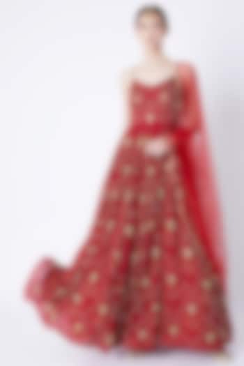Red Embroidered Anarkali With Dupatta by Ease at Pernia's Pop Up Shop