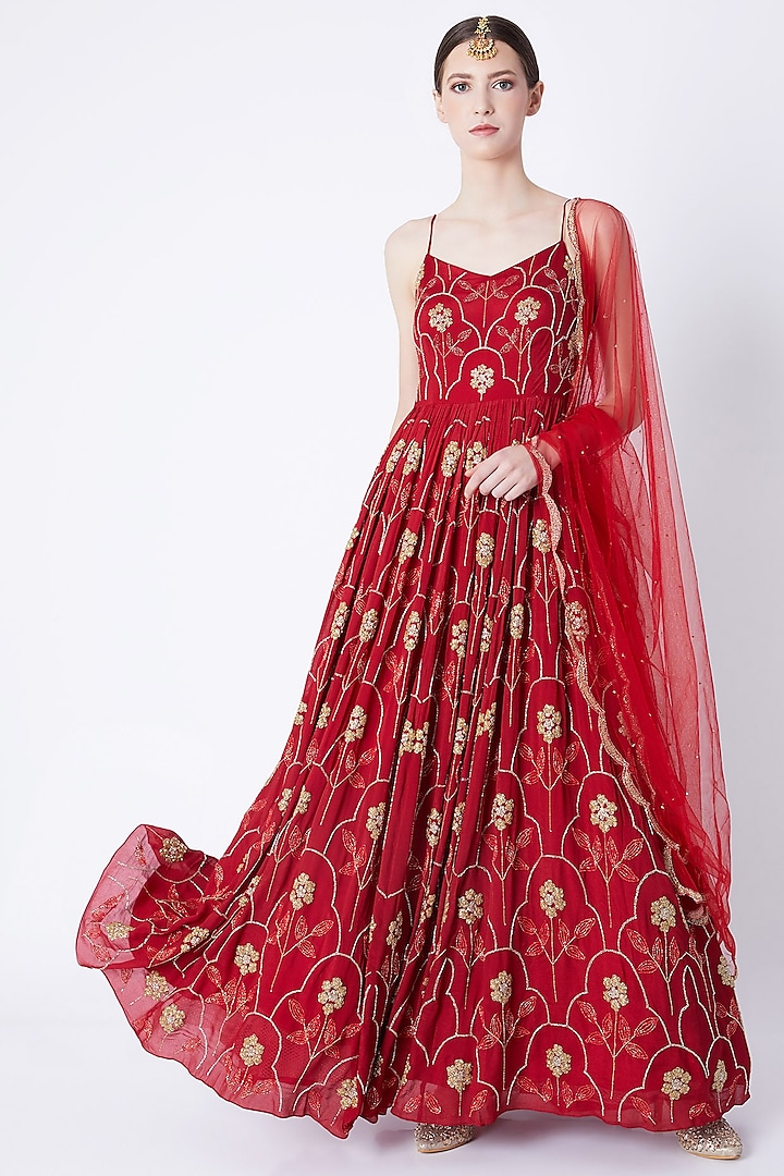 Red Embroidered Anarkali With Dupatta by Ease at Pernia's Pop Up Shop