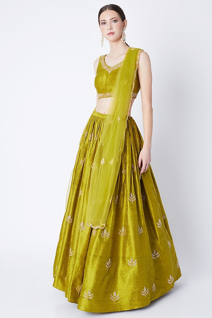 Olive Green Embroidered Lehenga Set by Ease