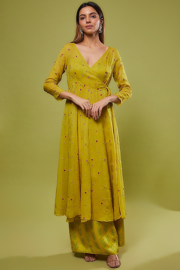 Lime Viscose Organza Embroidered Angrakha Kurta Set by Ease