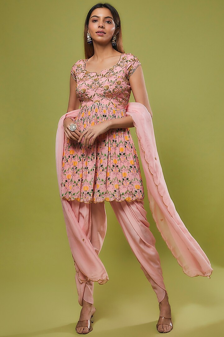 Baby Pink Pure Crepe Dhoti Set by Ease