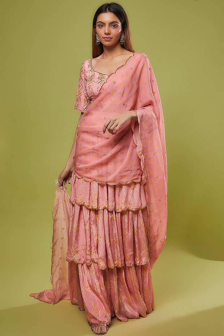 Mauve Pink Pure Crepe Printed Pre-Stitched Lehenga Saree Set by Ease