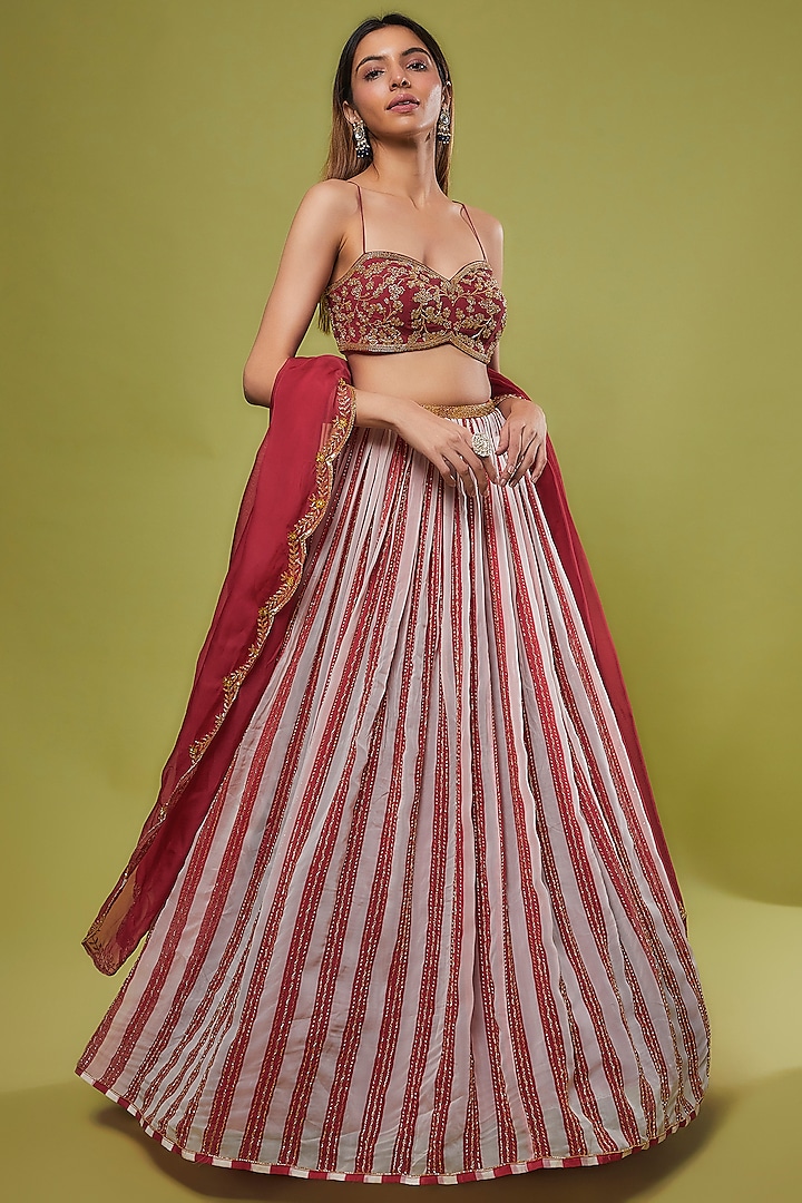 Red Viscose Organza Printed & Embroidered Lehenga Set by Ease