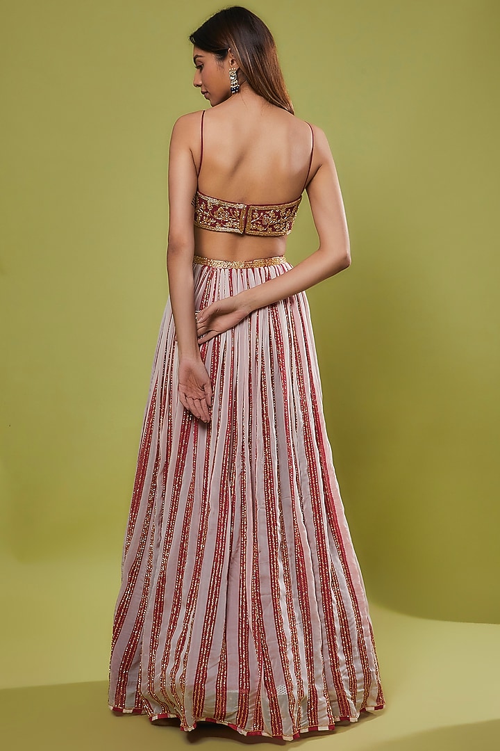 Red Viscose Organza Printed & Embroidered Wedding Lehenga Set by Ease at Pernia's Pop Up Shop