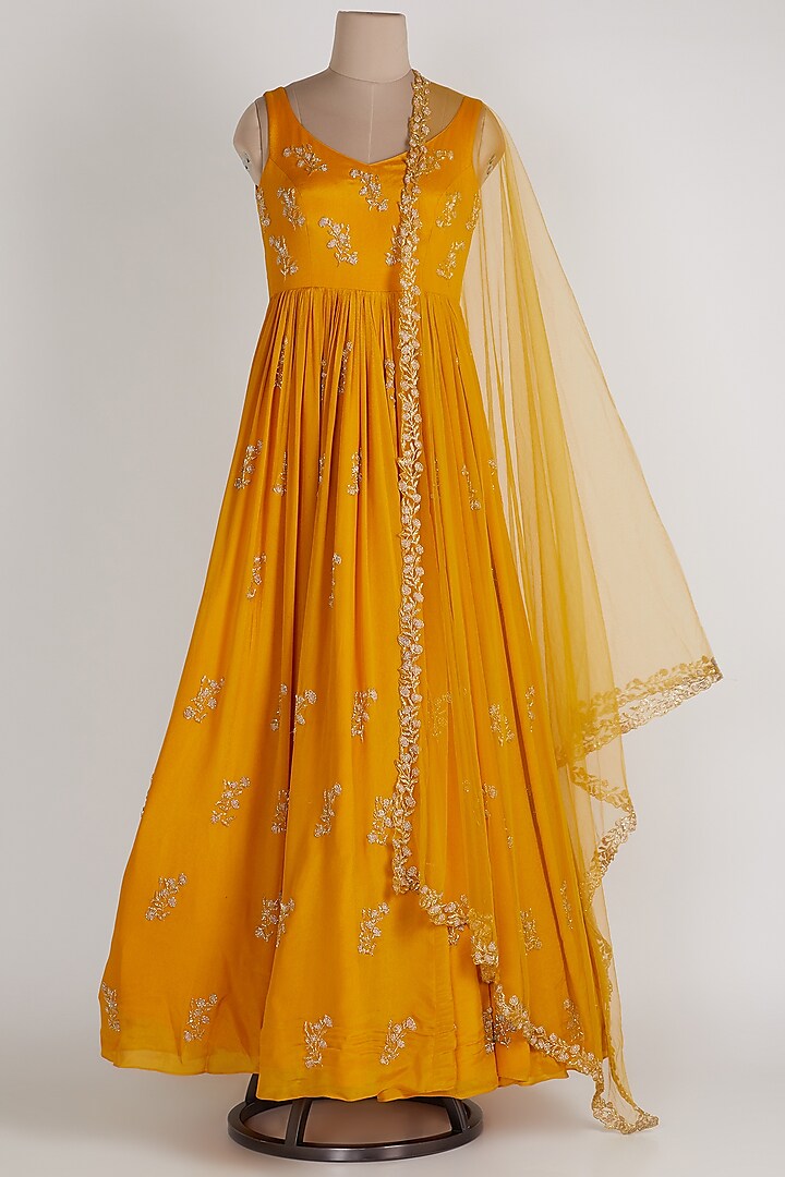 Mustard Embroidered Anarkali With Dupatta by Ease