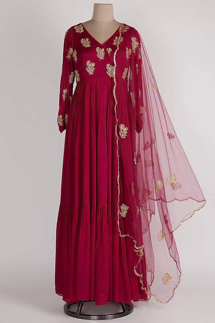 Magenta Gathered Sleeves Anarkali With Net Dupatta by Ease