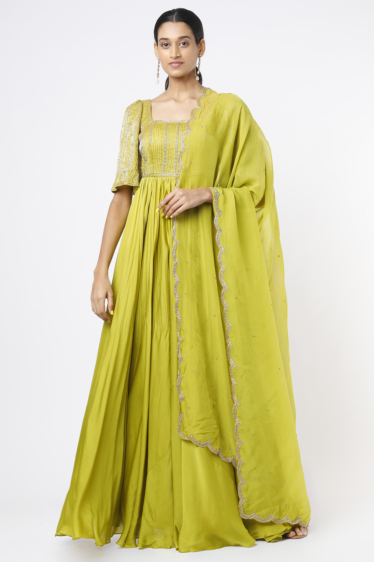 Lime Green Embroidered Wedding Anarkali Set by Ease at Pernia's Pop Up Shop