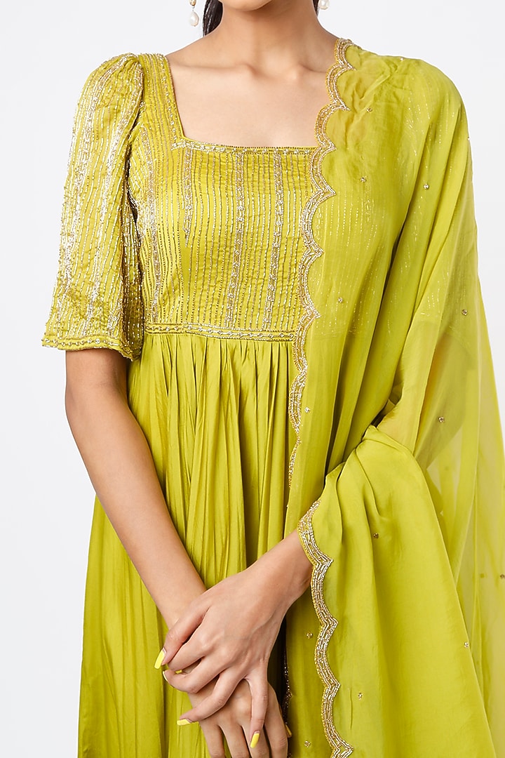 Lime Green Embroidered Wedding Anarkali Set by Ease at Pernia's Pop Up Shop