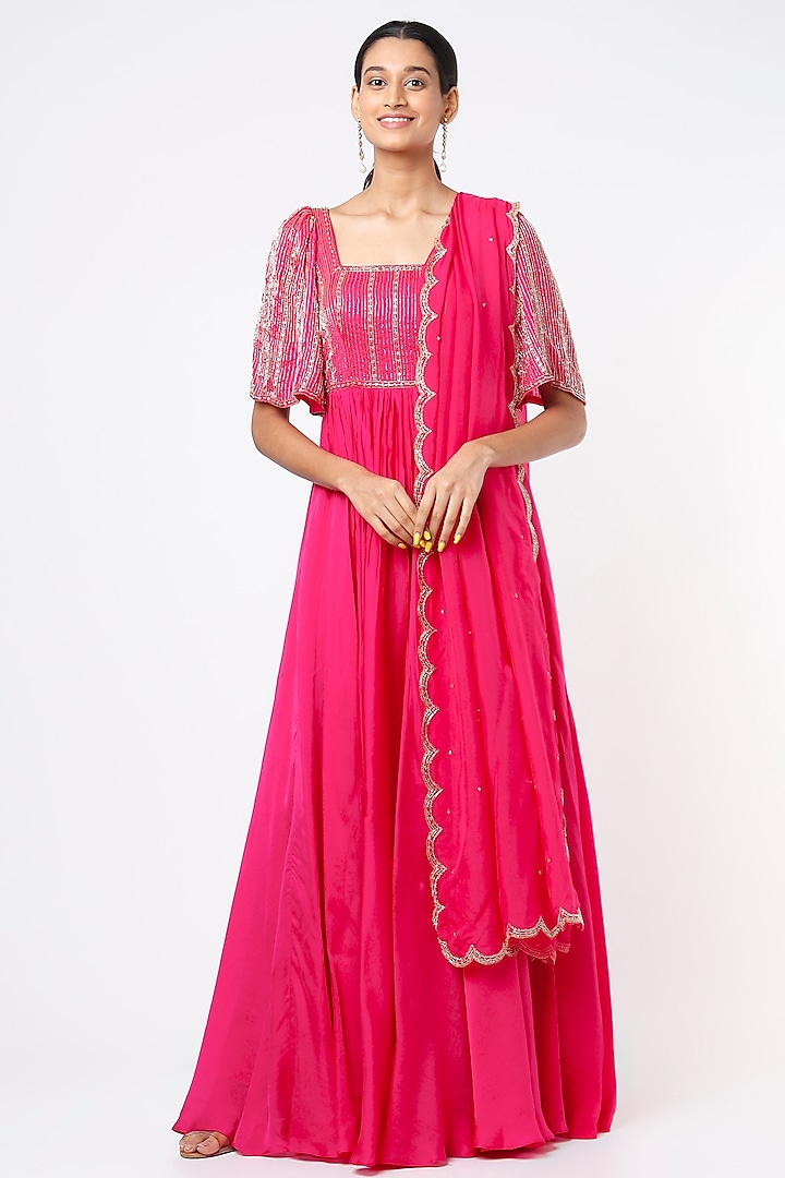 Fuchsia Embroidered Wedding Anarkali Set by Ease at Pernia's Pop Up Shop
