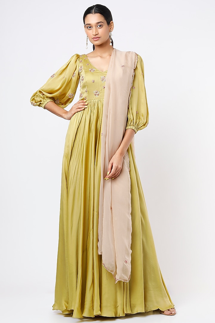 Olive Embroidered Wedding Anarkali Set by Ease at Pernia's Pop Up Shop