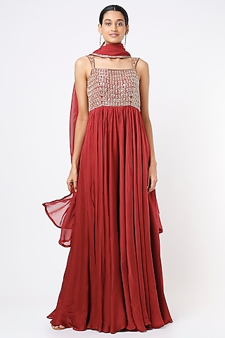Red Embroidered Anarkali Set by Ease