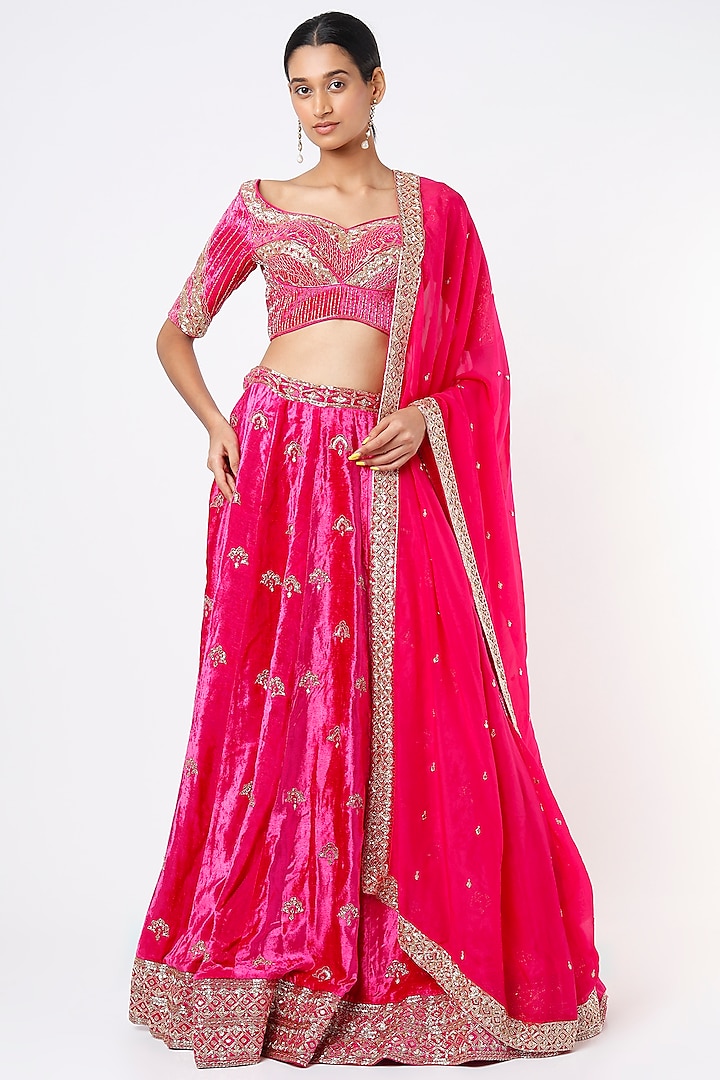 Hot Pink Embroidered Bridal Lehenga Set by Ease at Pernia's Pop Up Shop