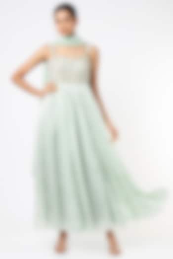 Mint Embroidered Wedding Anarkali Set by Ease at Pernia's Pop Up Shop