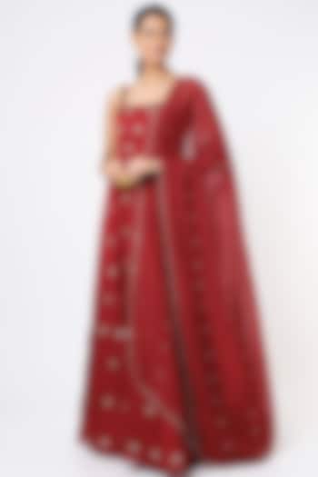 Red Butta Embroidered Wedding Anarkali Set by Ease at Pernia's Pop Up Shop