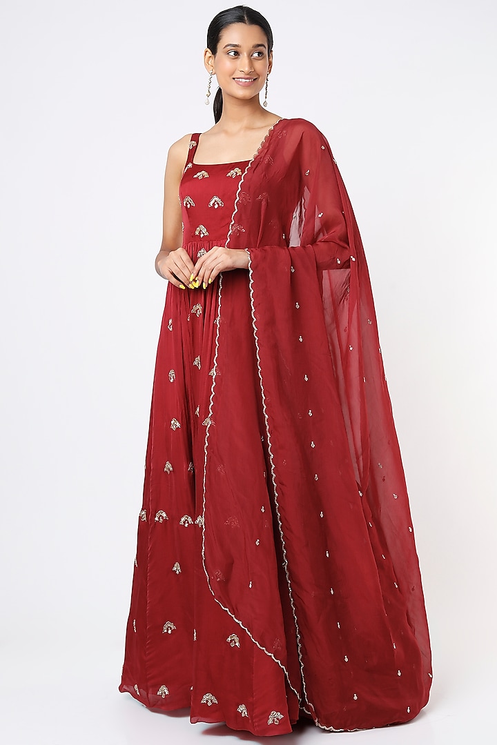 Red Butta Embroidered Wedding Anarkali Set by Ease at Pernia's Pop Up Shop