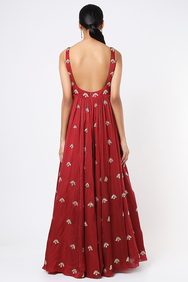 Red Butta Embroidered Wedding Anarkali Set by Ease at Pernia's Pop Up Shop